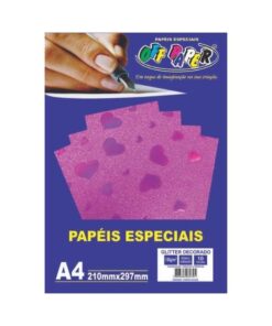 Papel Glitter Decorado Rosa Coração 150g c/ 10 Fls A4