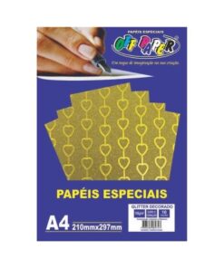 Papel Glitter Decorado Ouro Coração 150g c/ 10 Fls A4
